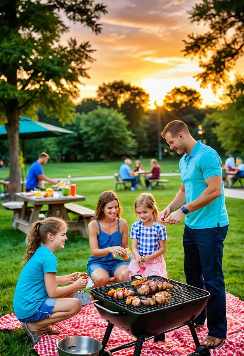 An adventurous family enjoying various outdoor activities in Batavia, showcasing kids playing in a park, parents cooking on a grill, and a vibrant sunset in the background. Lush greenery and colorful park equipment enhance the lively atmosphere. Include a picnic setup with a basket, and smiling faces that embody joy and excitement. super-realistic. vibrant colors. warm lighting.