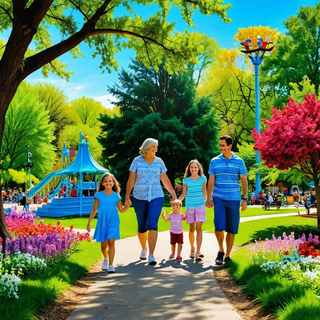 A joyful family exploring Batavia's lush parks, with kids playing on swings and parents enjoying a picnic. In the background, iconic local attractions like a vibrant amusement park and nature trails can be seen, surrounded by colorful flowers and tall trees. The scene captures laughter, adventure, and togetherness under a bright blue sky. bright colors. super-realistic. nature and family theme.