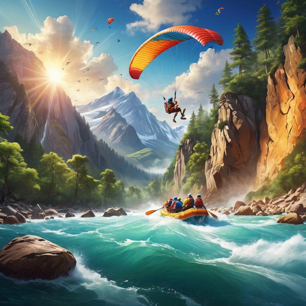 A dynamic scene showcasing a diverse group of adventurers engaged in extreme sports amidst breathtaking natural landscapes, such as a mountain range and a lush forest. Include vibrant colors to highlight the adrenaline and joy of activities like rock climbing, white-water rafting, and paragliding, with a sense of motion as they interact with the environment. The sky should be clear and blue, enhancing the overall enthusiasm and love for nature. super-realistic. vibrant colors. adventure-themed.